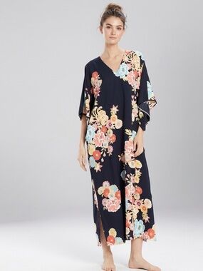 N NATORI Joy Black Satin Caftan Floral Size Large Boho Loungewear Maximalist